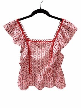 Sugarlips Red and White Floral Ruffle Square-Neck Top